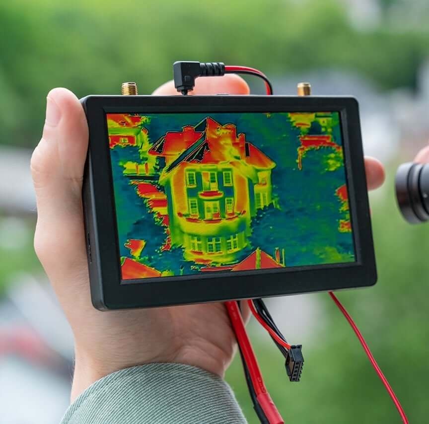 image of a thermal imaging of a house on a mobile screen of a home inspector