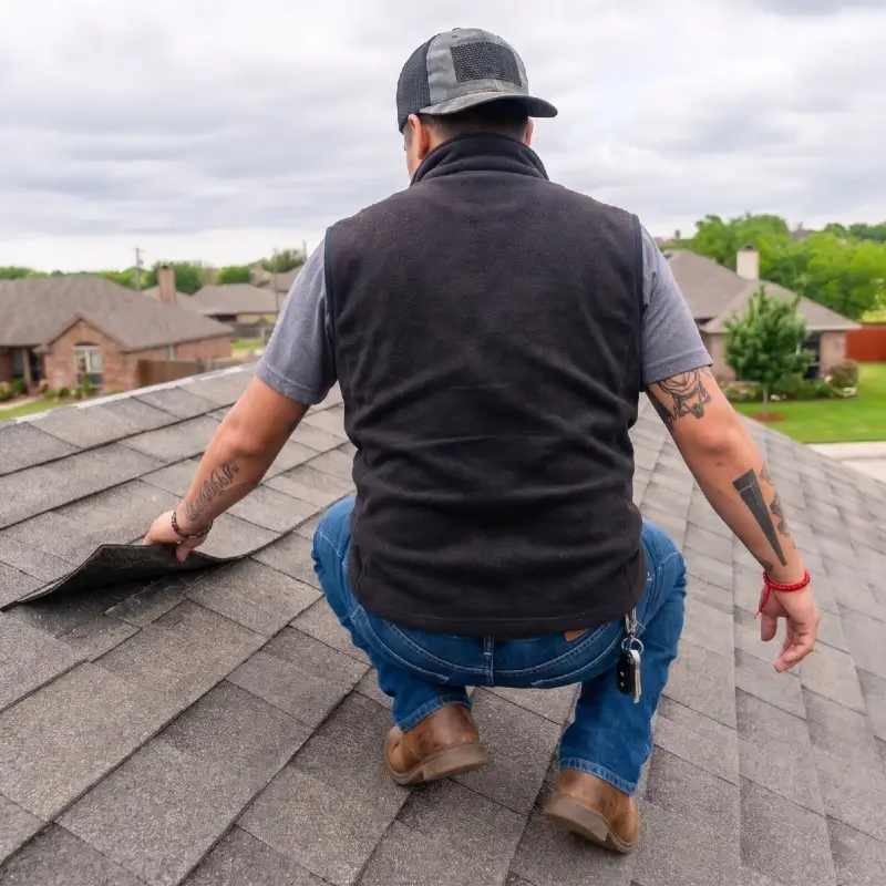 image of a home inspector on the roof inspecting shingles